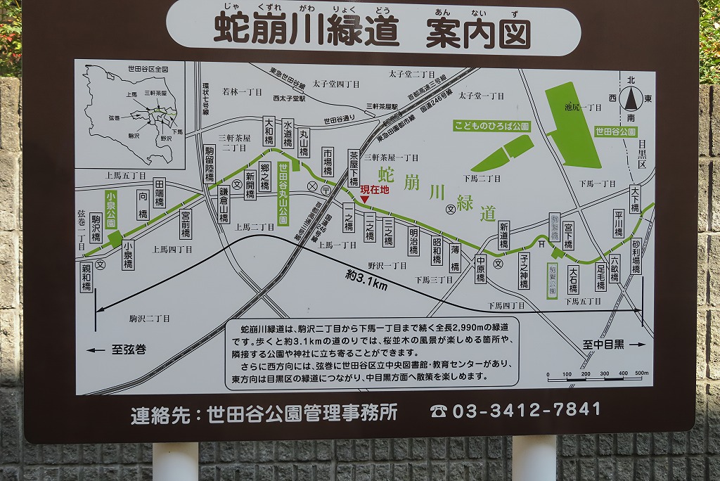 2025年11月15日 第198回定例ウォーク 三軒茶屋から蛇崩川緑道と目黒川散策「大水で崖が崩れた際にそこから大蛇が出てきたから」といういわれのある蛇崩川緑道 案内板