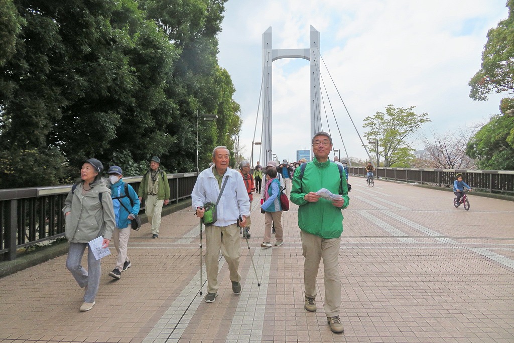 2026年3月28日 第5回シリーズ ウォーク 下を仙台堀川が流れる木場公園大橋を渡る参加者の皆さん